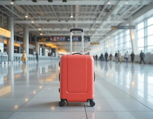 Red Suitcase In Airport Terminal Waiting Area