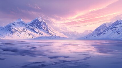 Majestic snow-capped mountains surround a vast, frozen lake under soft, ethereal dawn light