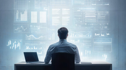Fototapeta premium A man in his thirties standing at a large desk with project plans, flowcharts, and a laptop in front of him. 