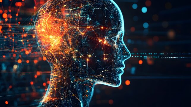 Abstract digital human head with glowing network connections.