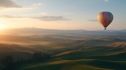 Obraz premium Hot Air Balloon Soaring Over Rolling Hills at Sunrise
