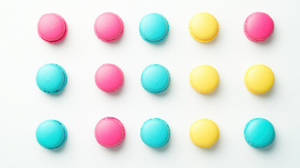 A stylish presentation of colorful desserts, including macarons in vibrant hues of teal, pink