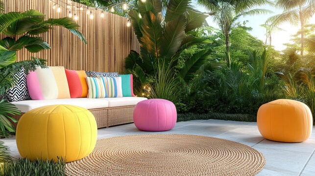 Farbenfroher Outdoor-Bereich mit Rattanm&ouml;bel und bunten Kissen zum Entspannen mit Urlaubsfeeling