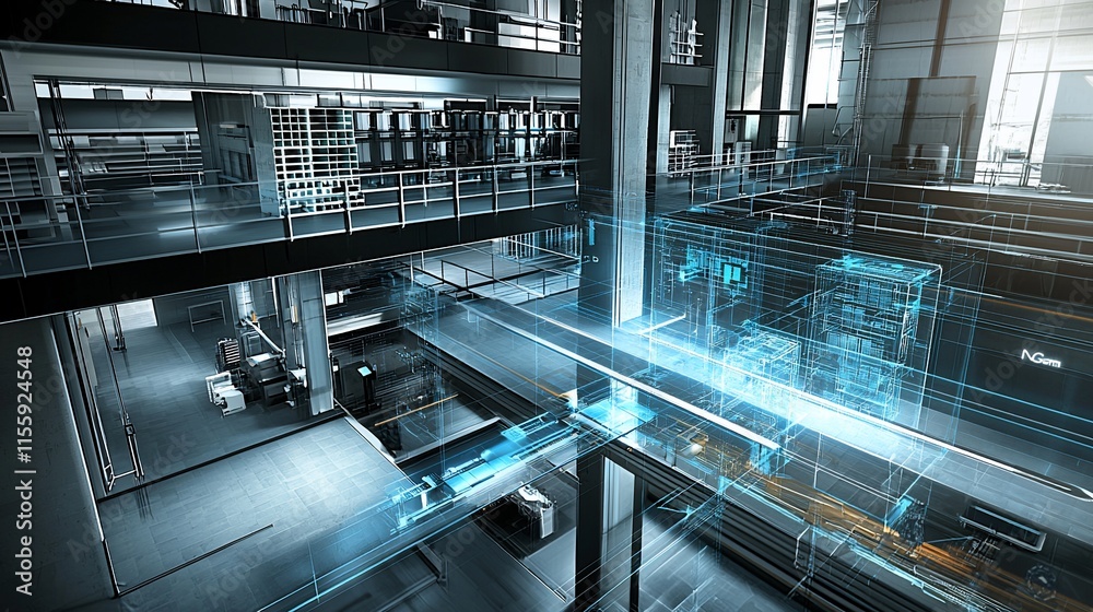 Poster Modern factory interior with digital overlay showing automated systems and processes.