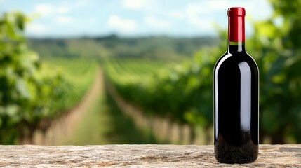 Fototapeta premium A bottle of red wine sitting on top of a stone ledge