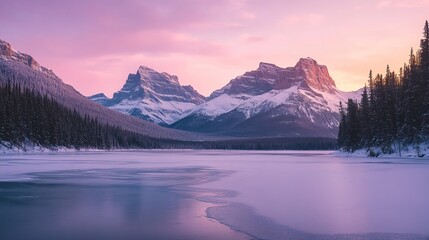Majestic snow-capped mountains surround a vast, frozen lake under soft, ethereal dawn light