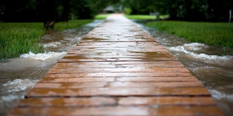 Obraz premium A wooden walkway in the middle of a flooded street