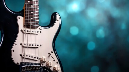 Fototapeta premium A black electric guitar on a blue background