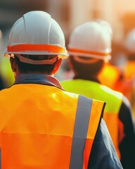 Group of workers wearing safety helmets and vests at a construction site.