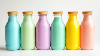 Fresh Vibrant Milks in Glass Bottles on White Background