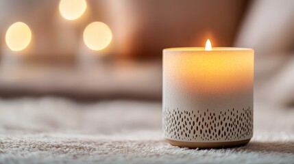 A white candle sitting on top of a white rug