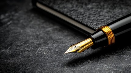 A fountain pen sitting on top of a black notebook