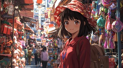 Obraz premium A fashionable anime girl shopping in a bustling urban market