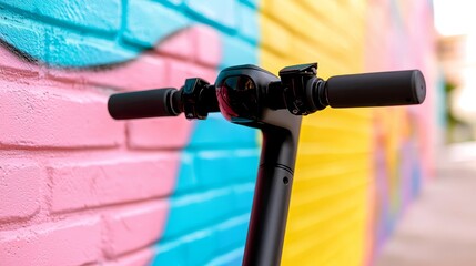 A close up of a scooter handlebar against a colorful wall