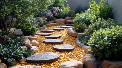 Zen garden path with stepping stones and yellow gravel. Lush greenery, rocks, and landscaping design.