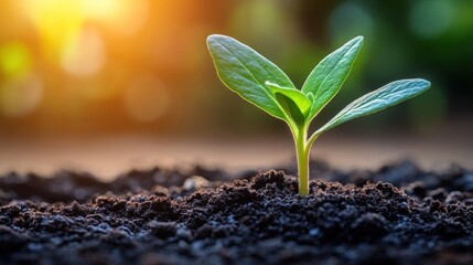 Young sprout emerging from dark soil, bathed in warm sunlight.