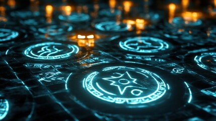 Futuristic, high-tech interface with a grid of glowing, circular symbols, reminiscent of a digital control panel or a mystical energy field