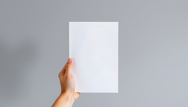Hand holding A5 template blank paper mockup on gray background, mindfulness theme. isolated with white shades