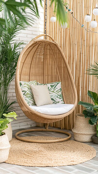 Farbenfroher Outdoor-Bereich mit Rattanm&ouml;bel, H&auml;ngesessel und bunten Kissen zum Entspannen mit Urlaubsfeeling
