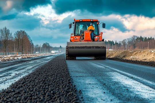 Heavy machinery smooths asphalt on a rural road under a dramatic sky in early evening light
