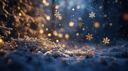 Naklejka premium Falling golden snowflakes set against a deep blue winter night with a serene and magical snowy landscape for the holidays