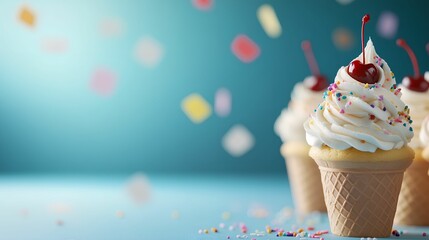 Colorful cupcakes with sprinkles and cherries on a blue background.