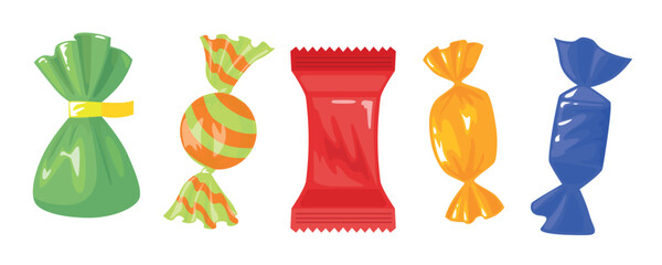 Set of sweet candies in wrappers in cartoon style.Vector illustration of caramels, chocolates of different shapes in bright wrappers: green, striped, red, orange, blue isolated on white background.