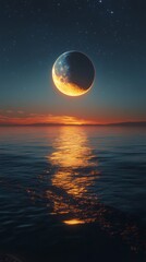 Majestic full moon illuminating calm waters at night with stunning reflections