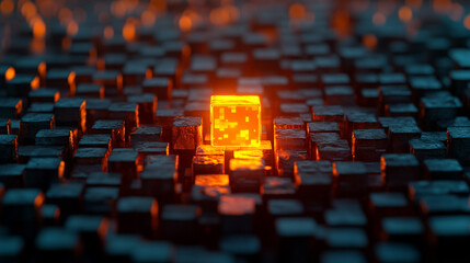 Obraz premium single pixel glowing brightly among dim ones, symbolizing individuality and standing out in a chaotic crowd, representing uniqueness and the power of difference in a world of conformity