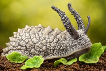 A shellless snail feasts on young vegetables, often seen devouring sprouting radishes in the spring within a vegetable garden.