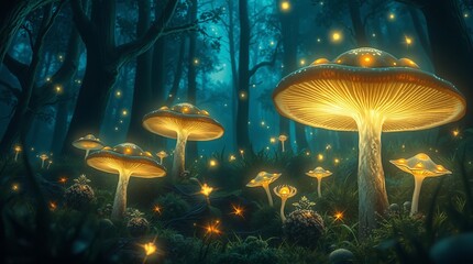 Fototapeta premium A magical forest with glowing mushrooms and fireflies, soft ethereal lighting, fantasy setting, ultra-detailed.