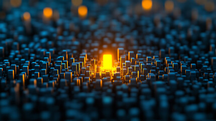 single pixel glowing brightly among dim ones, symbolizing individuality and standing out in a chaotic crowd, representing uniqueness and the power of difference in a world of conformity

