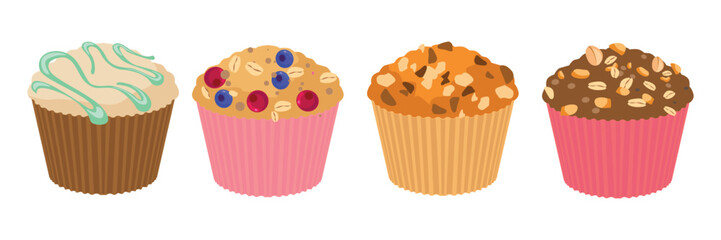 Set of delicious muffins in cartoon style. Vector illustration of cupcakes with different flavors: icing, cranberry, blueberry, oatmeal, crumbs isolated on white background. Healthy oatmeal muffins.