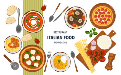 Set of vector banner illustrations with flat letters. Delicious food. Italian food, pasta, spaghetti, cooking from top view, recipes, menus, restaurants for food design, posters, and backgrounds.