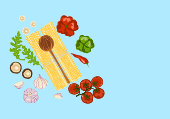 Italian style pasta and macaroni restaurant menu in a pipette, vegetables and spatula, delicious pasta vector illustration, cooking Flat cartoon style, hand drawn sign, suitable for menu, background.