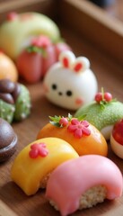 Obraz premium Colorful and artistic Japanese wagashi sweets beautifully arranged on a wooden platter
