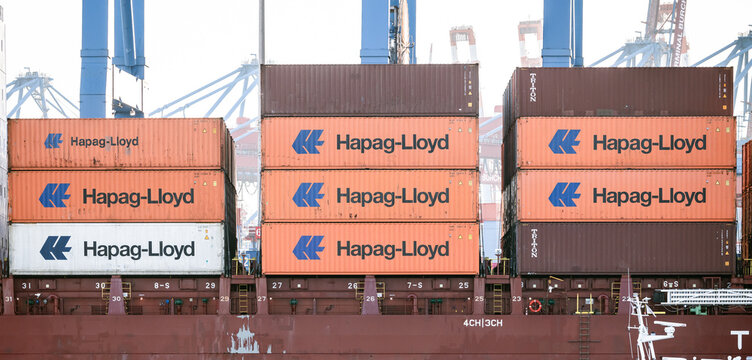Hamburg, Germany: Hapag-Lloyd containers at the Burchardkai terminal