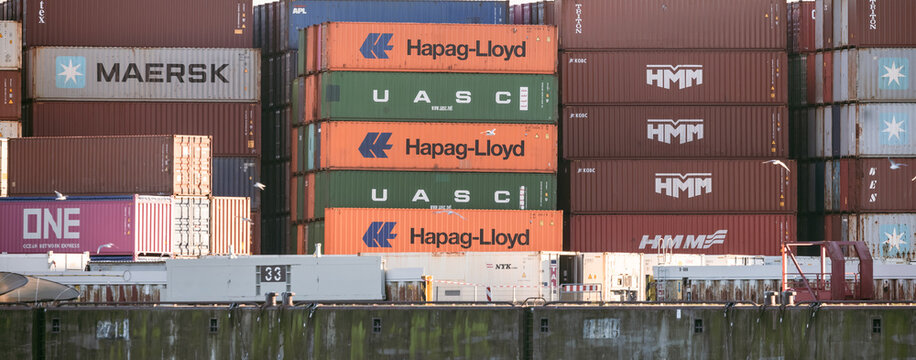 Hamburg, Germany: Hapag-Lloyd containers at the Burchardkai terminal