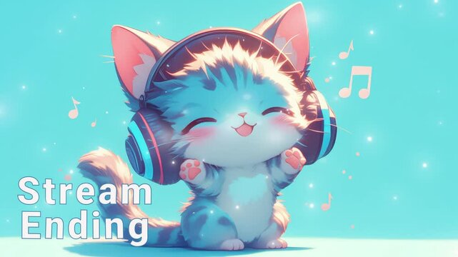 Adorable animated cat joyfully bids farewell with music notes. stream ending overlay seamless loop Vtuber streamer asset twitch zoom OBS screen animated wallpaper virtual background