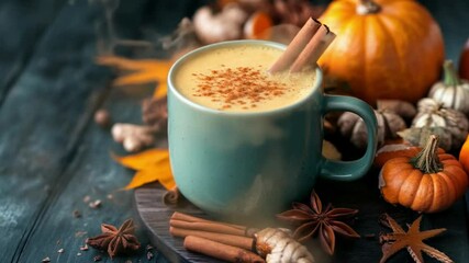 Cozy cup of pumpkin spice latte garnished with cinnamon, surrounded by autumn leaves and spices, evoking warmth and seasonal comfort  