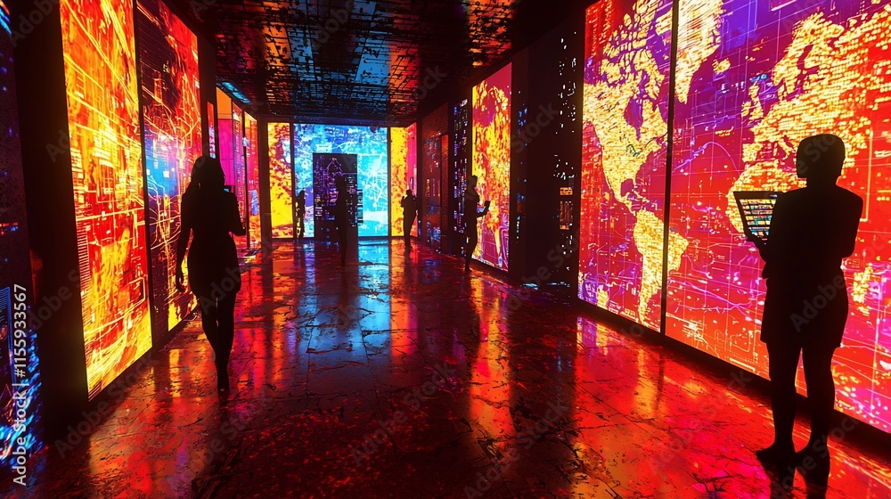 Poster Silhouetted figures explore a futuristic corridor displaying vibrant data visualizations on large screens.