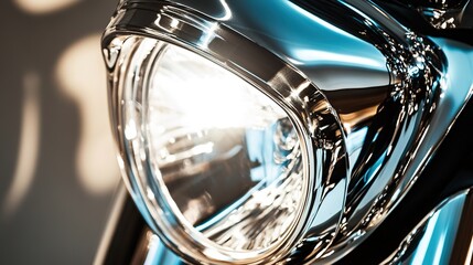Shiny motorcycle headlight reflecting light, showcasing sleek de