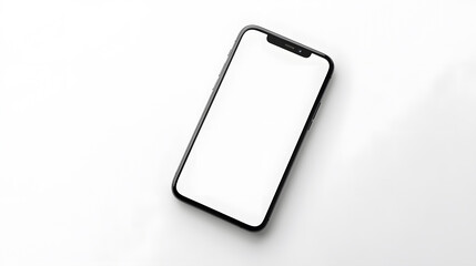 New smartphone with a blank screen, isolated on a white background, viewed from above.
