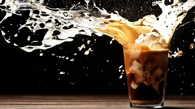 Dynamic splash of iced coffee with cream, captured mid-air against a dark background, highlighting energy, freshness, and indulgence  