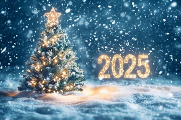 New Year 2025 numbers in the snow with a Christmas tree and lights, a New Year concept. - Generative AI