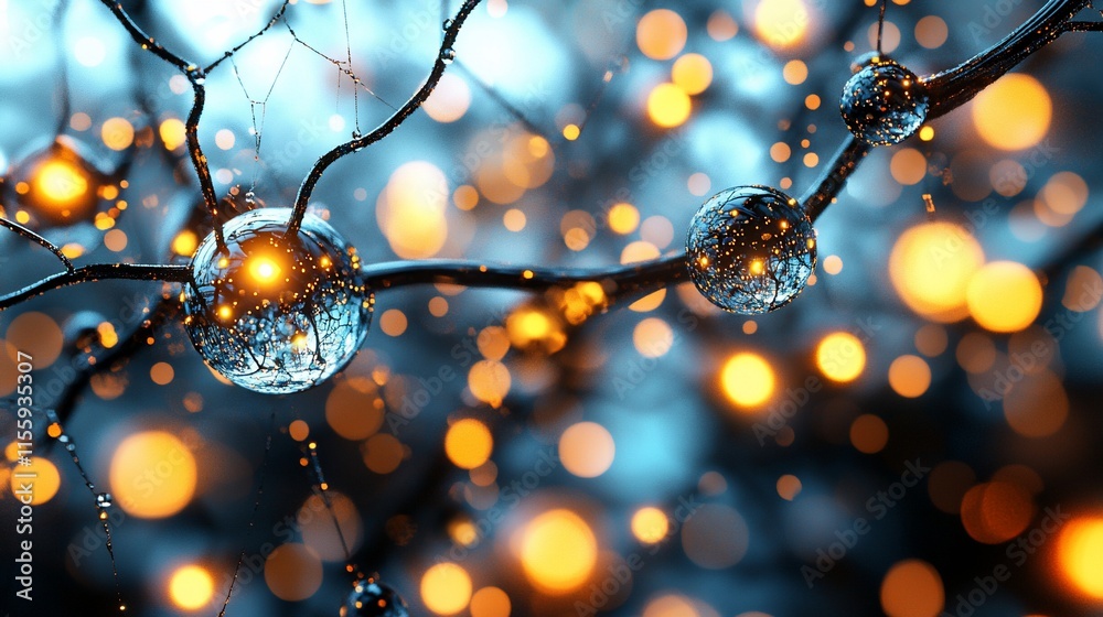 Poster Glowing orbs connected on a dark branch, bokeh background.