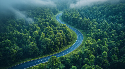 mesmerizing aerial view of a winding road cutting through a lush green forest, illuminated by streaks of car lights. Symbolizing the balance between nature and human movement, calm amidst chaos