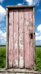 A pink wooden door sitting on top of a wooden bench