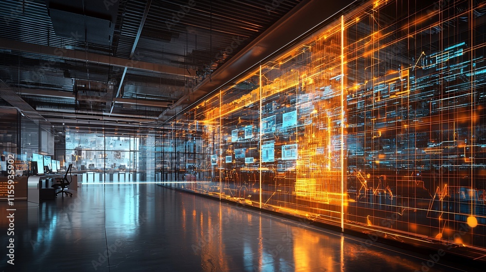 Poster Futuristic data center with glowing digital displays and server room.