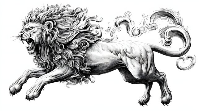 Majestic Leaping Lion with Ornate Tail Design